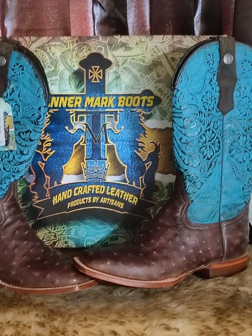 Handcrafted Leather Men’s Brown & Turquoise Cowboy Boots Women's Size 10